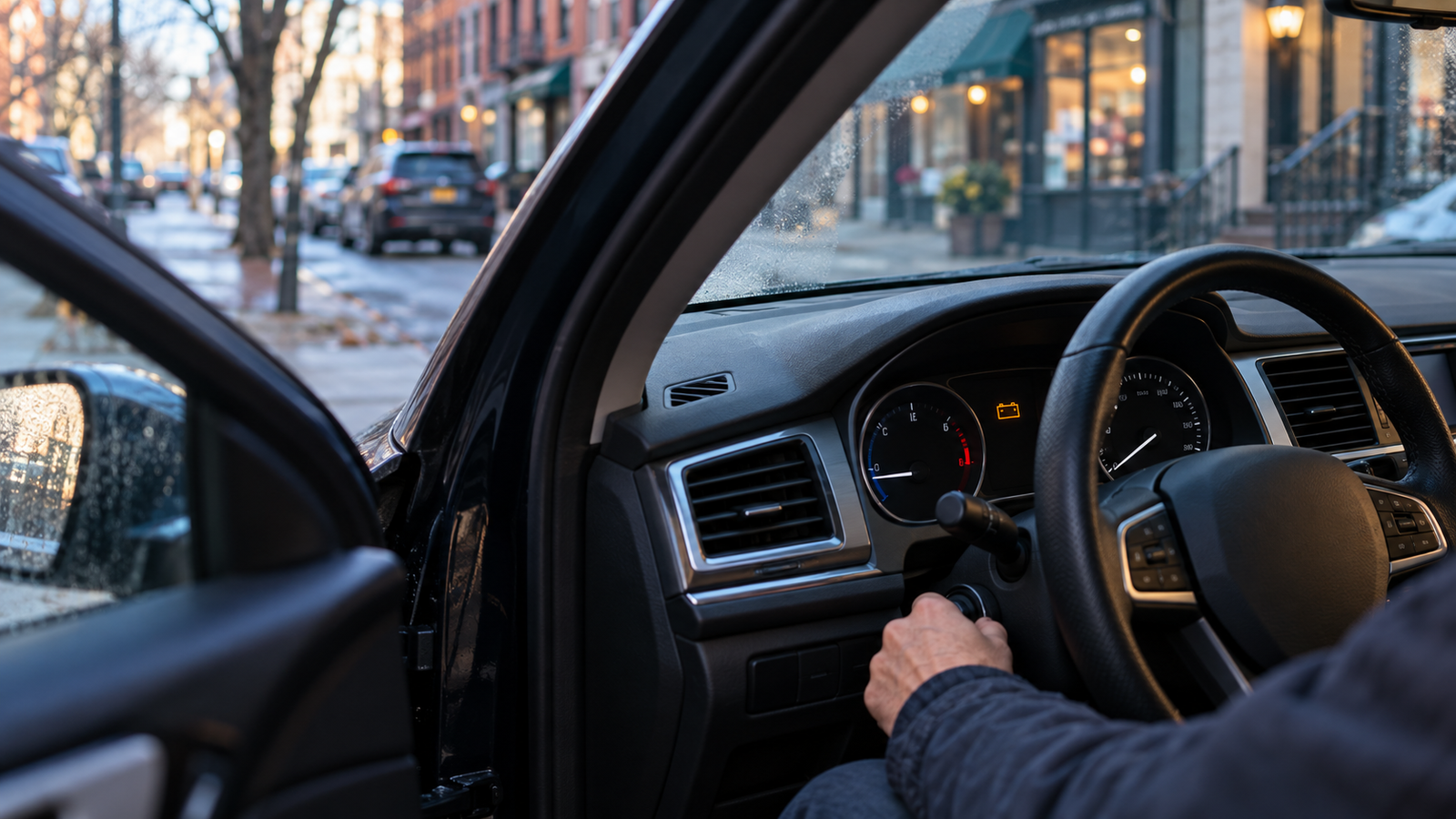 Driver turning off a car after a short city trip, with a cold engine gauge and battery warning light visible on the dashboard.