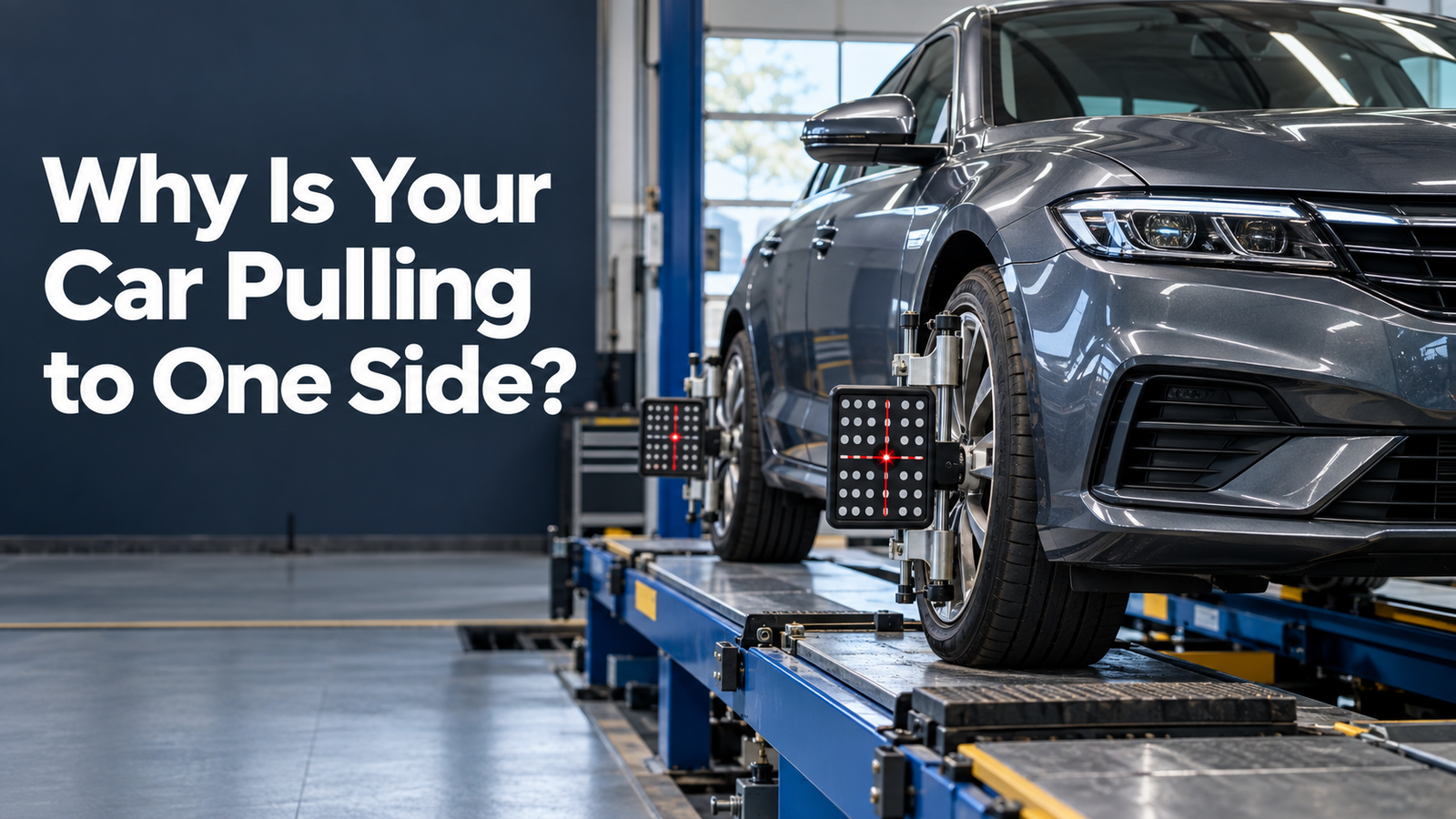 Car on a wheel alignment rack with measuring targets fitted to its wheels.