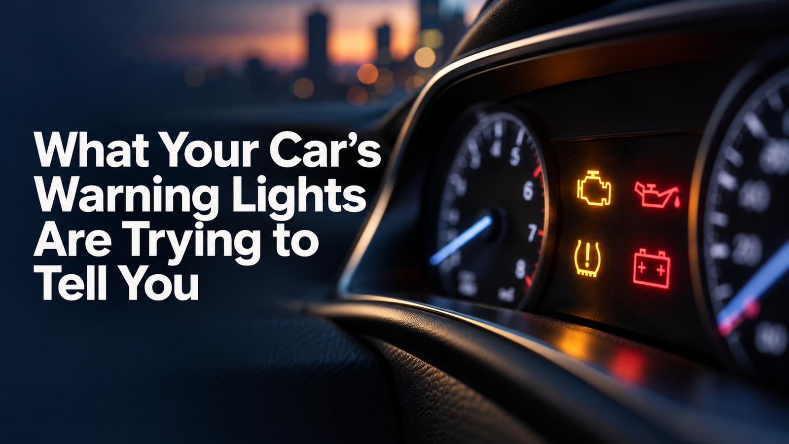 Car dashboard showing illuminated engine, oil, tyre pressure, and battery warning lights.