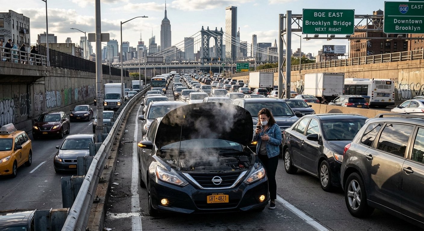 Car with open hood steaming in heavy Brooklyn Queens Expressway traffic with Manhattan skyline and bridges in the background.