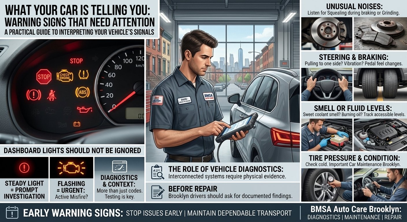 Infographic header titled "WHAT YOUR CAR IS TELLING YOU: WARNING SIGNS THAT NEED ATTENTION" featuring an auto mechanic using a diagnostic device, illuminated dashboard warning lights, and visual callouts for noises, steering, smells, fluid levels, and tire checks.