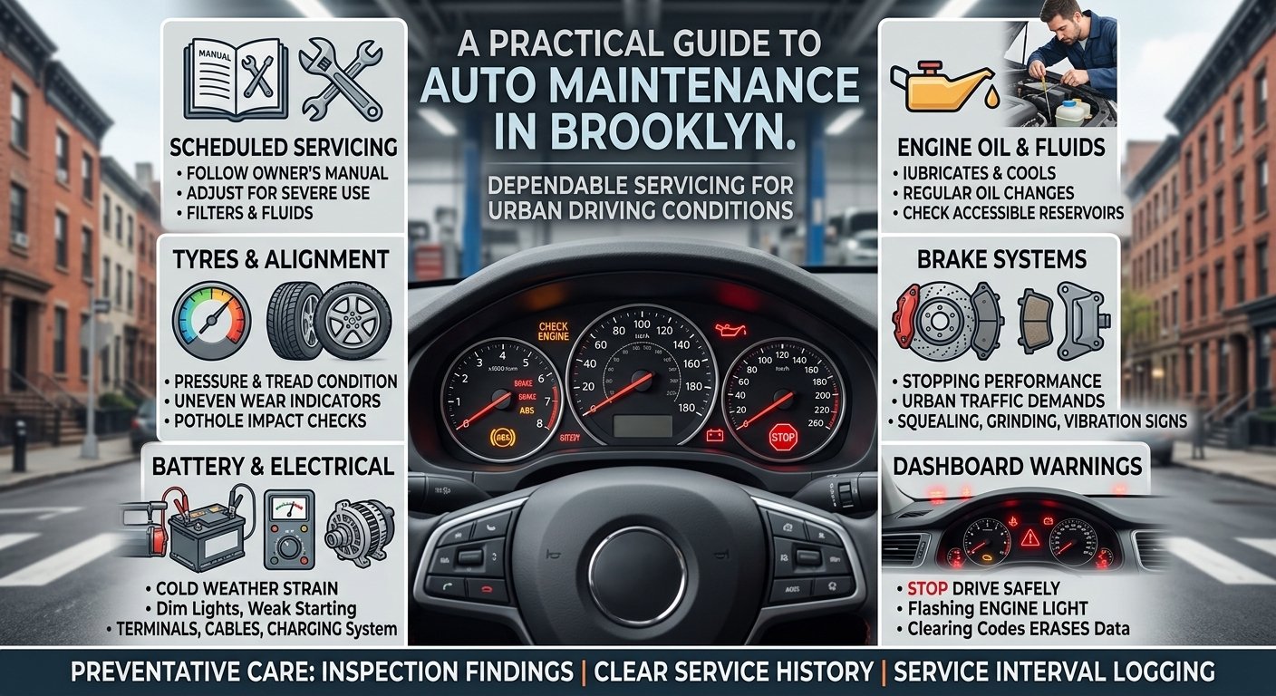 Infographic header titled "A PRACTICAL GUIDE TO AUTO MAINTENANCE IN BROOKLYN" featuring an auto mechanic using a diagnostic tablet, dashboard warning lights, engine oil checks, tire inspections, and brake service callouts.