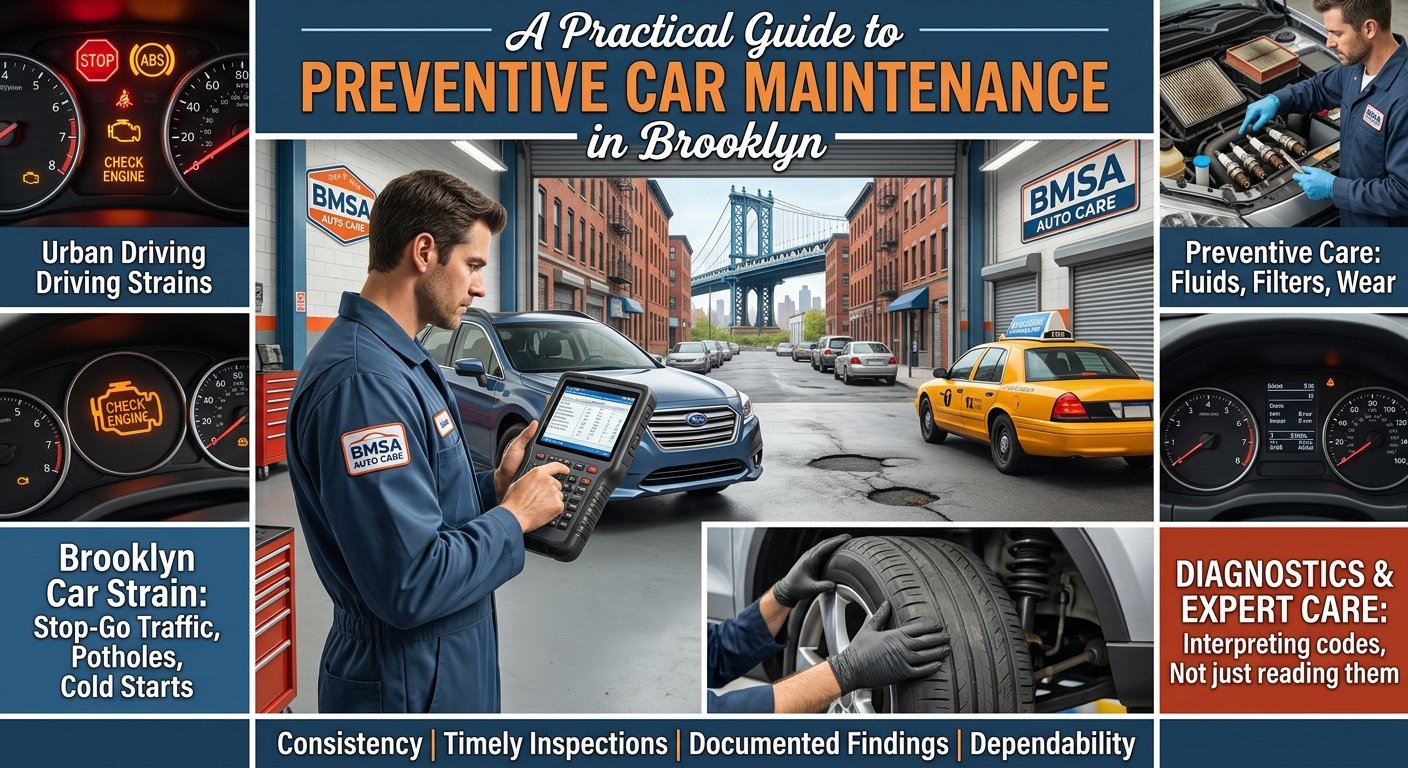 Infographic header titled "A Practical Guide to Preventive Car Maintenance in Brooklyn" featuring an auto mechanic using a diagnostic scan tool, dashboard warning lights, car maintenance tasks, and a Brooklyn street scene.