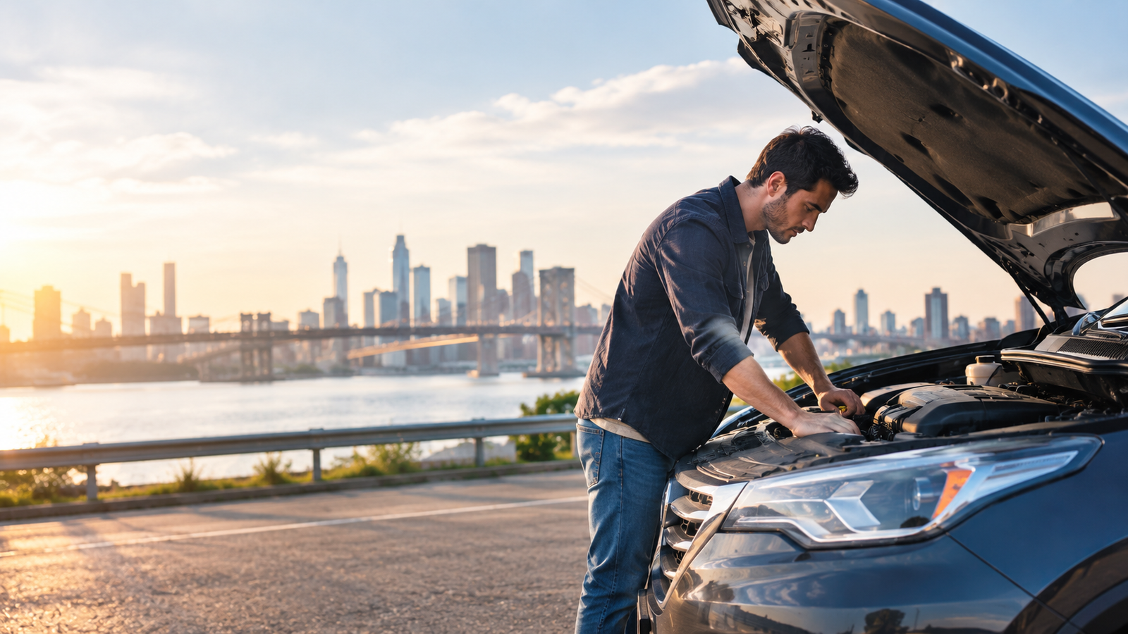 Man checking the engine of a car before a long road trip with the Brooklyn skyline in the background.