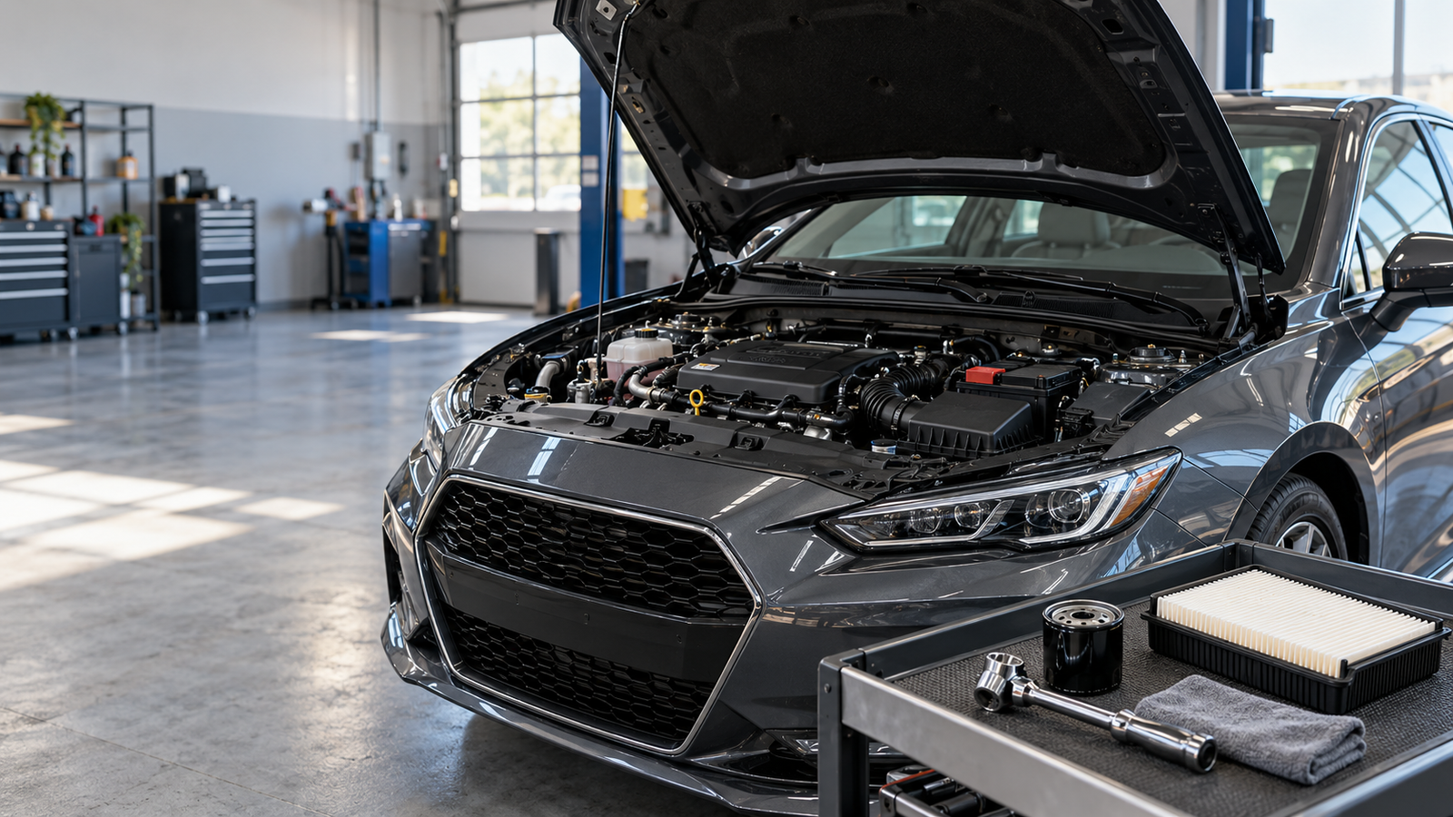 Car with its hood open in a clean workshop beside an air filter, oil filter, and service tools.